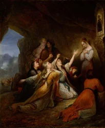 Griekse meisjes die tijdens de strijd de bescherming van de Maagd Maria inroepen