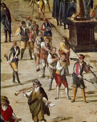 Plek van het hof van de Vicaria in Napels ten tijde van de revolutie van Masaniello Detail met een groep veroordeelden geketend aan de nek