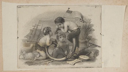 Bankbiljet vignet met drie putti als een herder, een boer en een zeeman, ca. 1824-37