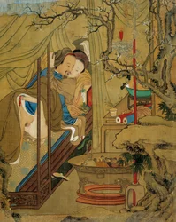 Aziatische kunst: erotische scène. Een paar tijdens de liefdesdaad in een bed. Schildering op zijde uit de 18e eeuw. Privécollectie