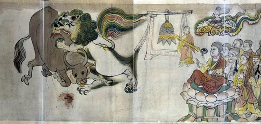 De triomf van Sariputra over de ketters. De wijze Sariputra bewijst de superioriteit van het boeddhisme door een leeuw te tonen door middel van een wonder: het hert verslindt een stier die een ketterse magiër heeft opgeroepen