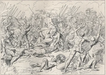 Peloponnesische Oorlog: De Slag bij Potidea (La battaglia di Potidea) waar de Griekse filosoof Socrates zijn leven redde in Alcibiade. (Gravure d