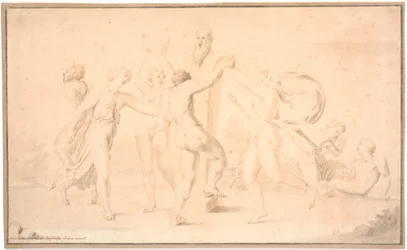 Bacchanaal. Een satyr, een bacchante en drie bacchanten dansen rond Priapusbeeld