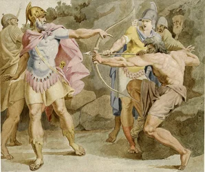 Philoctetes richt de boog van Hercules op Odysseus