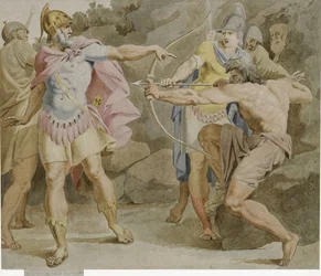 Philoctetes richt de boog van Hercules op Odysseus