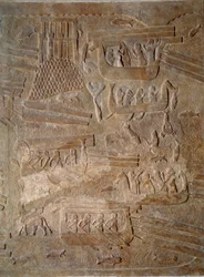 Kunst Mesopotamië (Assyrië): binnenplaats van het paleis van de koning van Assyrië Sargon II (721 - 705 v.Chr.) transport van cederhout uit Libanon. Parijs, Musee Du Louvre