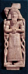 Oosterse antiquiteit: bebaarde figuur met lang haar, gesneden in een ivoren plak. 8e-7e eeuw v.Chr. Arslan Tash uit Syrië. Parijs, Louvre Museum