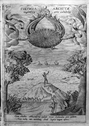 Archytas van Tarente (435-347 v.Chr.) laat een houten duif vliegen. Gravure uit 