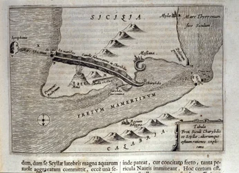 Cartografische weergave van Charybdis en Scylla in de Straat van Messina, Sicilië. Gravure uit 