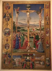 Kruisiging, miniatuur uit het Missaal van Thomas James.