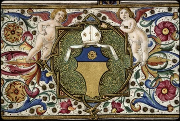 Missaal van Thomas James: detail van het wapen van de commissaris, "Or, on a chief azure a rose Or".