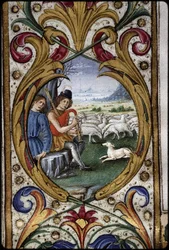 Missaal van Thomas James: detail van een randmedaillon: herders.