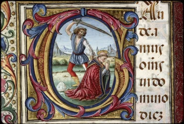 Missaal van Thomas James: detail van een opschrift G: het martelaarschap van de heilige Thomas Becket.