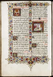 Missaal van Thomas James: pagina met twee initialen: een altaar en de inwijding van een kerk.