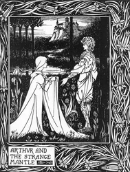 Koning Arthur ontvangt het bezoek van een jong meisje gestuurd door de fee Morgane (Koning Arthur en de vreemde mantel gestuurd door Morgan de fee) Illustratie door Aubrey Beardsley (1872-1898) uit Thomas Malory