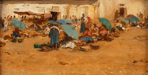 Hongaarse markt met blauwe parasols