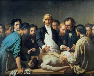 Dokter Alfred Velleau (1795-1867) bij Charity zal een autopsie uitvoeren Een dokter omringd door zijn studenten die zich voorbereiden om op een lijk in te grijpen. Schilderij door François Feyen Perrin (1826-1888). 19e eeuw. Tours, Museum voor Schone Kunst