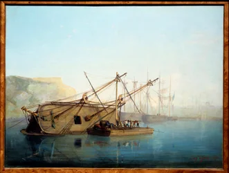 Een zeilboot met een carenage, aquarel door Auguste Aiguier (1819-1865)