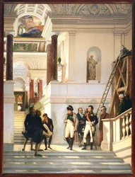 Napoleon I bezoekt de trap van het Louvre, vergezeld door architecten Percier en Fontaine ...