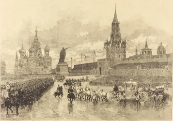 De kroning van de tsaar. De keizerlijke stoet steekt het Koninklijk Plein over, 1883.