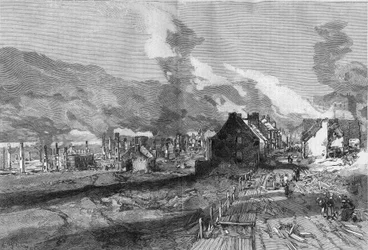 Zicht op de ruïnes van Quebec City (Canada) na de brand van juni 1881. Gravure door Lepere in "The Illustrous World" n°1267 van 9 juli