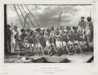 Baai van Houa-Houa, inheemsen voeren een dans uit aan boord van de Astrolabe (Nieuw-Zeeland)