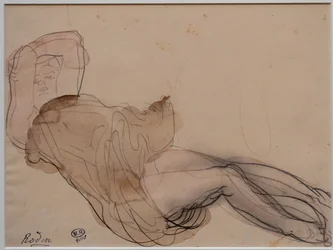 Liggende vrouw, halfnaakt en met haar armen gekruist achter haar hoofd