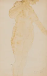 Staande vrouwelijke naakt, linkerarm uitgestrekt