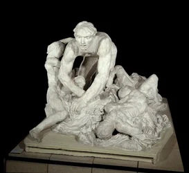 Ugolino, graaf Ugolino della Gherardesca, tiran van Pisa en verrader van het vaderland, omringd door zijn vier kinderen. Personage uit de Hel in De goddelijke komedie van Dante Alighieri (1265-1321). Sculptuur van Auguste Rodin.