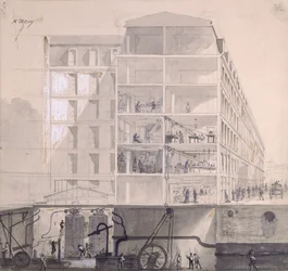 Doorsnede van arbeiderswoningen in het XIe arrondissement in Parijs, c.1875