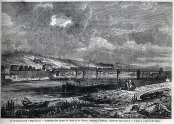 De nieuwe brug bij Argenteuil. Verbinding van de Noord- en Westlijnen. Ermont-sectie (buisvormig systeem). Gravure naar schets van Ralph in "Le Monde illustré", 29/08/1863. Privécollectie.
