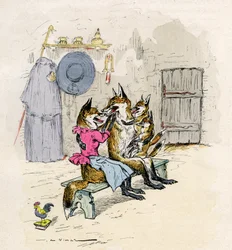 Illustratie door A. Vimar voor de Roman de Renart (roman van de vos), editie Henri Laurens 19e eeuw - Goupil en Hermeline de vos, zijn vrouw, thuis, met hun kinderen de kleine vossen -