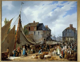 Inscheping van vee in de haven van Honfleur. Schilderij door Auguste-Xavier Leprince, 1823