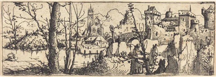 Landschap met kasteel rechts, omgeven door rotsen