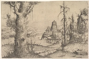 Rivierlandschap met grote boom aan de linkerkant, 1546