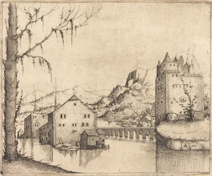 Rivierlandschap met twee gebouwen, 1545