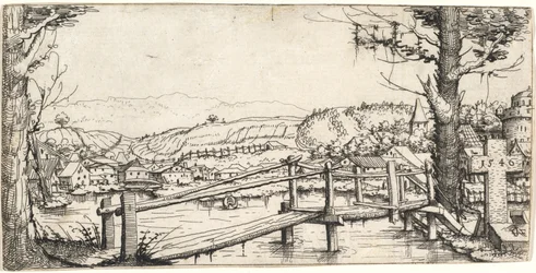 Rivierlandschap met een Voetbrug