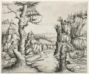 Rivierlandschap met rotsen links en ana rechts