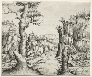Rivierlandschap met rotsen links en rechts
