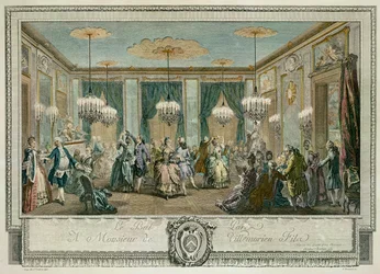 Het avondjurkbal in het huis van Monsieur Villemorien Fila, gegraveerd door L. Provost