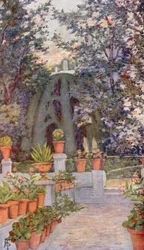 In de tuin van het Generalife, Granada (kleurenlitho)