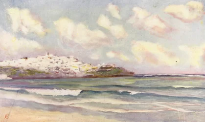 Gezicht op Tanger vanaf het strand (kleurenlitho)