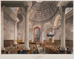 Interieur van de kerk van St. Stephen Walbrook tijdens een dienst, City of London, 1809