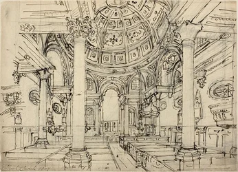 Studie voor Walbrook Kerk (recto); Schetsen van Zeilboten, Mannen en Roeiboten (verso)