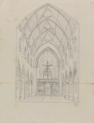 Schets van het interieur van een gotische kerk