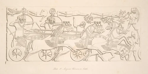 Assyrische krijgers in de strijd, uit Monumenten van Nineveh, uitgegeven 1849