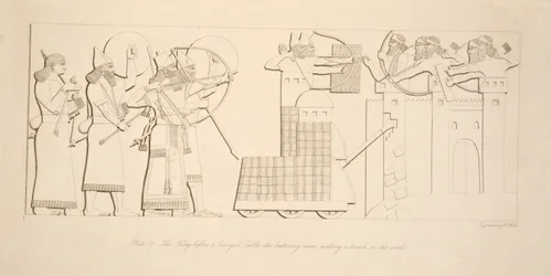 De koning voor een belegerd kasteel, de stormram maakt een bres in de muren, uit Monumenten van Nineveh, uitgegeven 1849