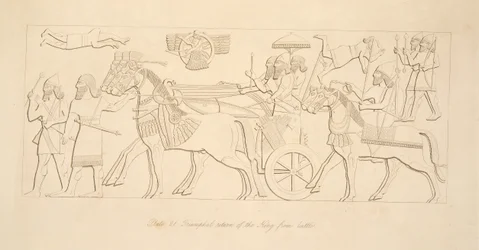 Triomfantelijke terugkeer van de koning uit de strijd, uit Monumenten van Nineveh, uitgegeven 1849