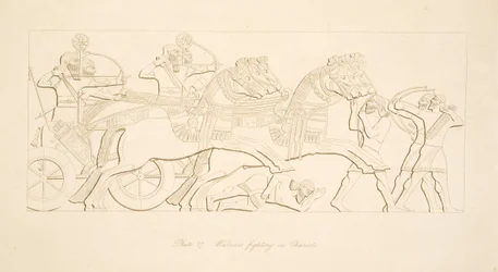 Krijgers vechten in strijdwagens, uit Monumenten van Nineveh, uitgegeven 1849