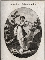 Allegorie van vleierij die fluit speelt om aan te geven dat ze probeert zich in te dringen door de zoetheid van haar woorden. Haar attribuut is de bij (voor de zoetheid van honing en het gif van de angel) en de blaasbalg (vleierij ontsteekt het vuur van pa